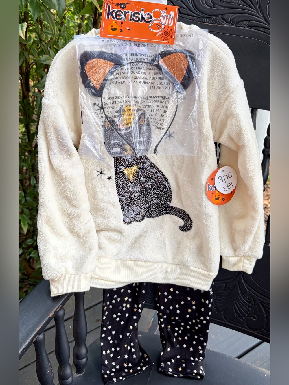Kensie Girl Cream Sequin Cat Pullover with Black Star Leggings and Ear Headband